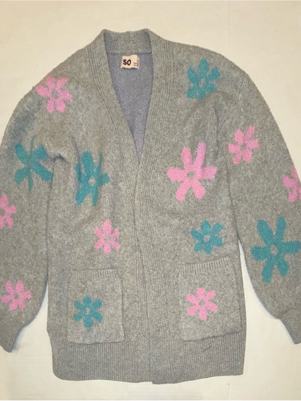SO Gray Open-Front Floral Cardigan with Pink & Teal Flowers